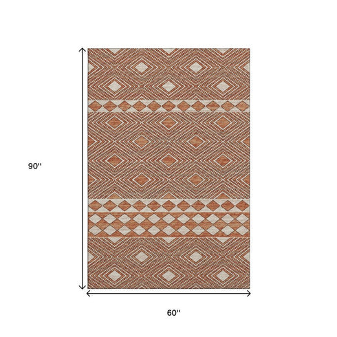 9' X 12' Burnt Sienna And Ivory Geometric Washable Area Rug With UV Protection