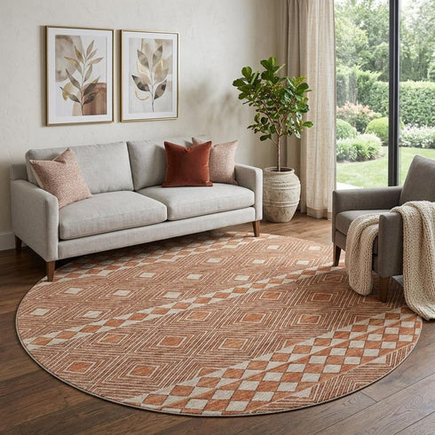 9' X 12' Burnt Sienna And Ivory Geometric Washable Area Rug With UV Protection