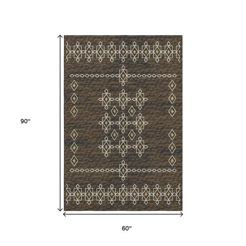 8' X 10' Brown Ivory And Gold Tribal Washable Area Rug With UV Protection