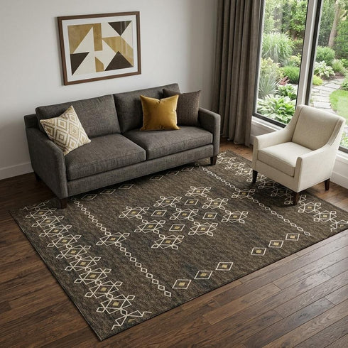 8' X 10' Brown Ivory And Gold Tribal Washable Area Rug With UV Protection