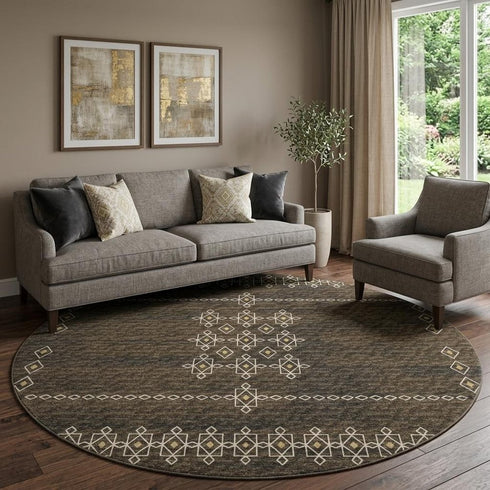 8' X 10' Brown Ivory And Gold Tribal Washable Area Rug With UV Protection