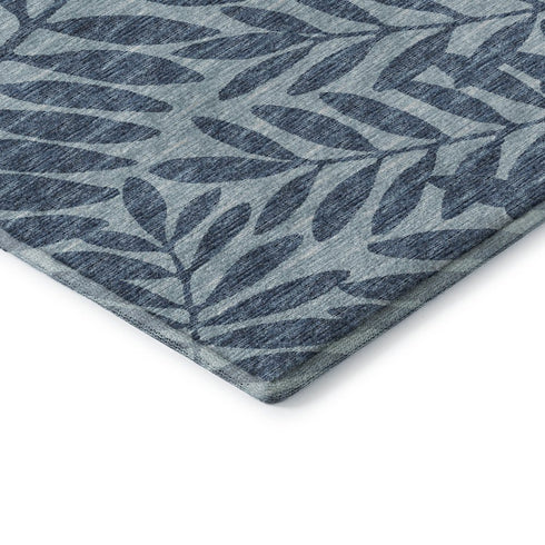 9' X 12' Blue And Ivory Botanical Leaves Washable Area Rug With UV Protection