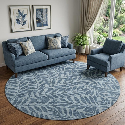 9' X 12' Blue And Ivory Botanical Leaves Washable Area Rug With UV Protection