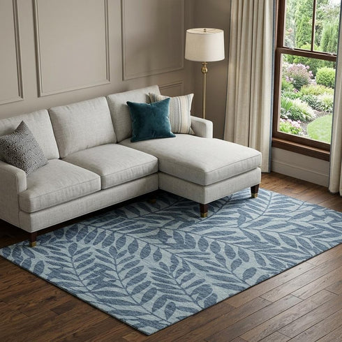 9' X 12' Blue And Ivory Botanical Leaves Washable Area Rug With UV Protection
