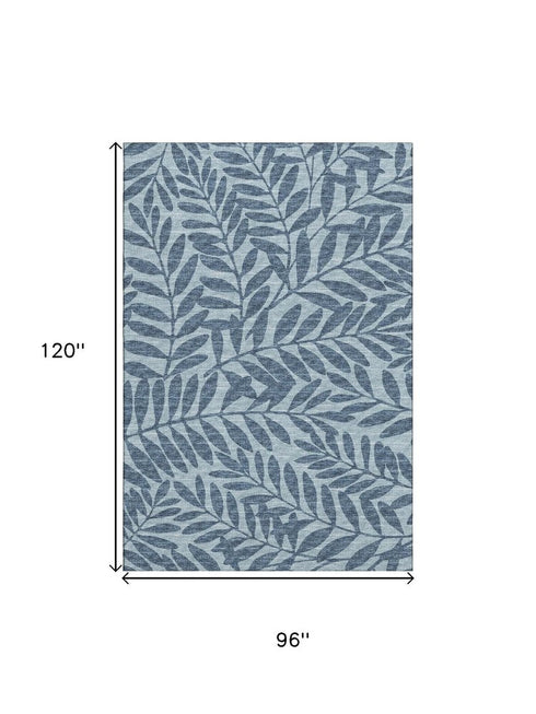 9' X 12' Blue And Ivory Botanical Leaves Washable Area Rug With UV Protection