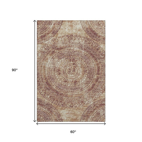 9' X 12' Burnt Sienna And Ivory Medallion Washable Area Rug With UV Protection