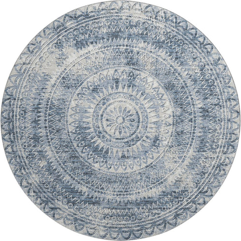 9' X 12' Blue And Ivory Medallion Washable Area Rug With UV Protection