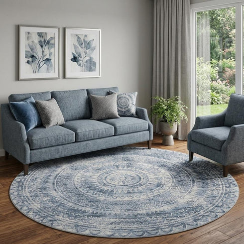 9' X 12' Blue And Ivory Medallion Washable Area Rug With UV Protection