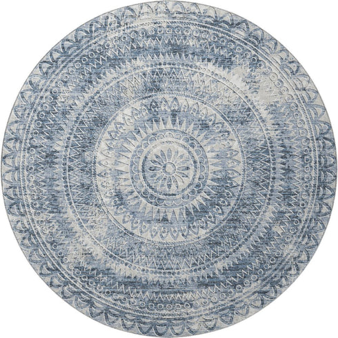 9' X 12' Blue And Ivory Medallion Washable Area Rug With UV Protection
