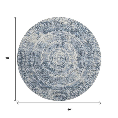 9' X 12' Blue And Ivory Medallion Washable Area Rug With UV Protection