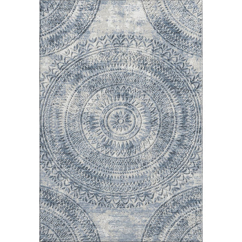 9' X 12' Blue And Ivory Medallion Washable Area Rug With UV Protection