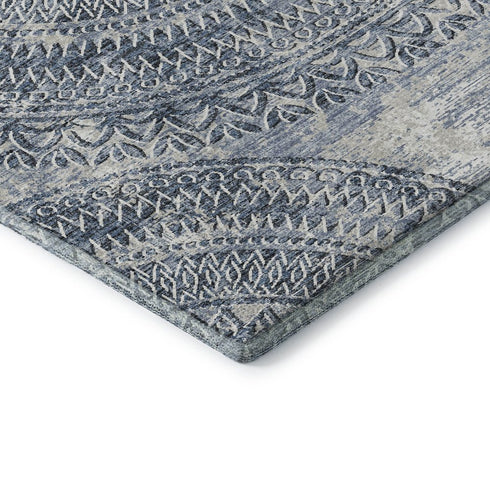 9' X 12' Blue And Ivory Medallion Washable Area Rug With UV Protection