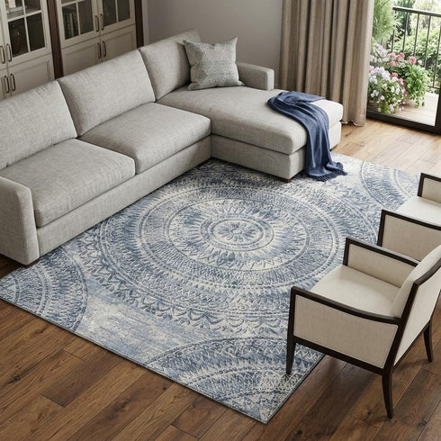 9' X 12' Blue And Ivory Medallion Washable Area Rug With UV Protection