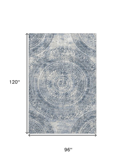 9' X 12' Blue And Ivory Medallion Washable Area Rug With UV Protection
