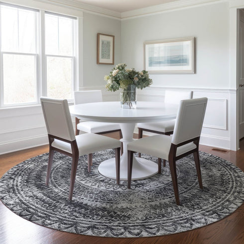 9' X 12' Gray And Ivory Medallion Washable Area Rug With UV Protection