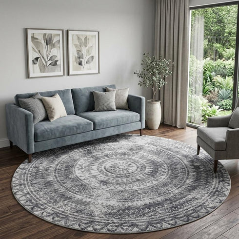 9' X 12' Gray And Ivory Medallion Washable Area Rug With UV Protection