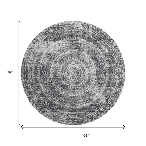 9' X 12' Gray And Ivory Medallion Washable Area Rug With UV Protection