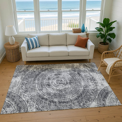 9' X 12' Gray And Ivory Medallion Washable Area Rug With UV Protection