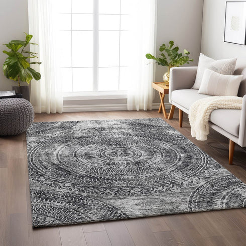 9' X 12' Gray And Ivory Medallion Washable Area Rug With UV Protection