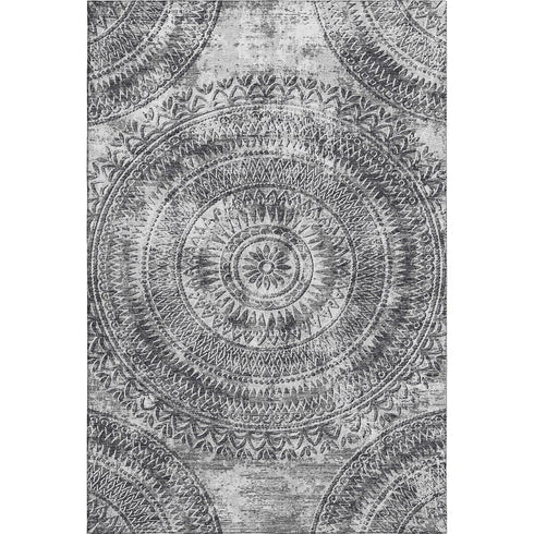 9' X 12' Gray And Ivory Medallion Washable Area Rug With UV Protection