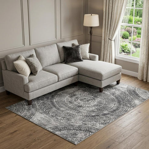 9' X 12' Gray And Ivory Medallion Washable Area Rug With UV Protection