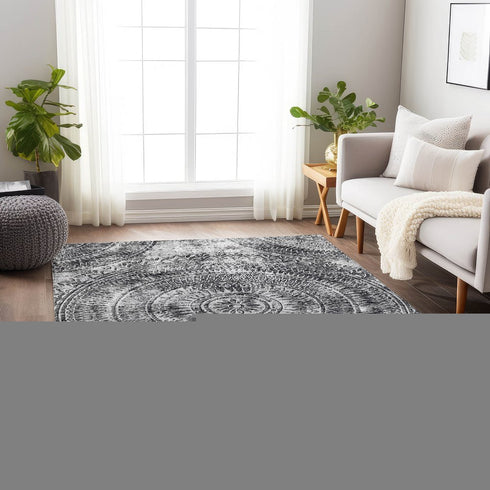 9' X 12' Gray And Ivory Medallion Washable Area Rug With UV Protection