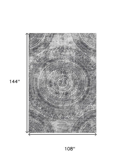 9' X 12' Gray And Ivory Medallion Washable Area Rug With UV Protection