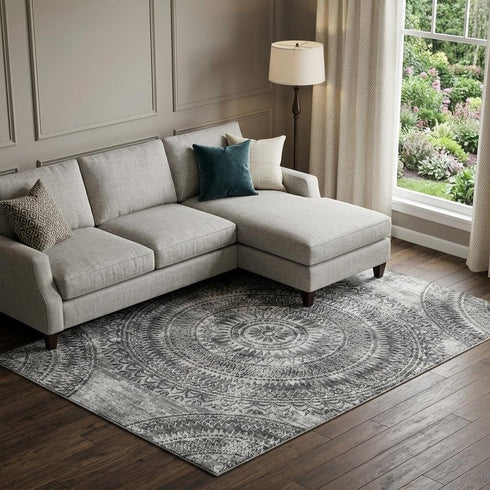 9' X 12' Gray And Ivory Medallion Washable Area Rug With UV Protection