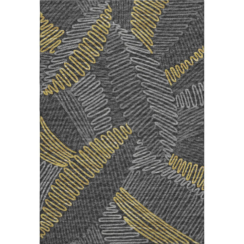 9' X 12' Gray Gold And Black Botanical Leaves Washable Area Rug With UV Protection