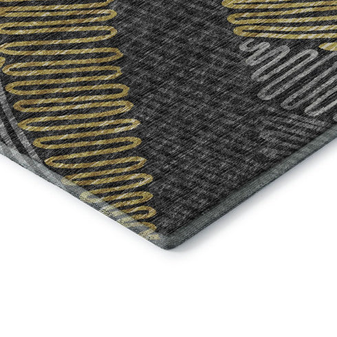 9' X 12' Gray Gold And Black Botanical Leaves Washable Area Rug With UV Protection