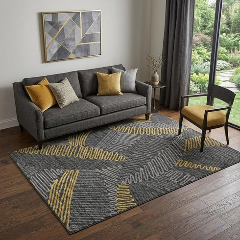 9' X 12' Gray Gold And Black Botanical Leaves Washable Area Rug With UV Protection