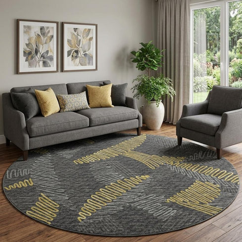 9' X 12' Gray Gold And Black Botanical Leaves Washable Area Rug With UV Protection
