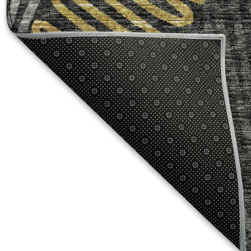 9' X 12' Gray Gold And Black Botanical Leaves Washable Area Rug With UV Protection