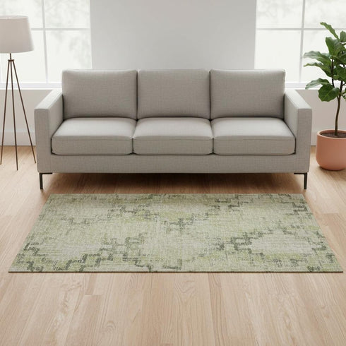 5' X 8' Green And Beige Tribal Washable Area Rug With UV Protection