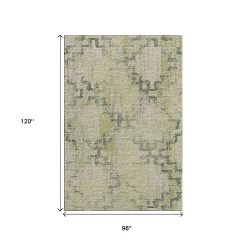 8' X 10' Green And Beige Tribal Washable Area Rug With UV Protection