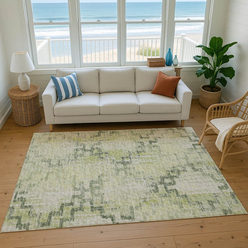 8' X 10' Green And Beige Tribal Washable Area Rug With UV Protection