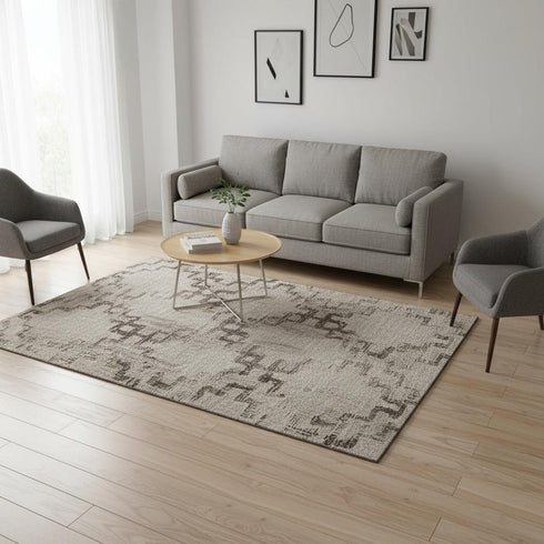 5' X 8' Coffee And Ivory Tribal Washable Area Rug With UV Protection