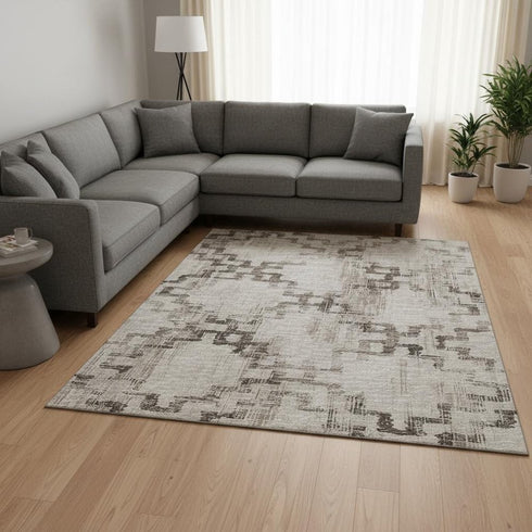 8' X 10' Coffee And Ivory Tribal Washable Area Rug With UV Protection