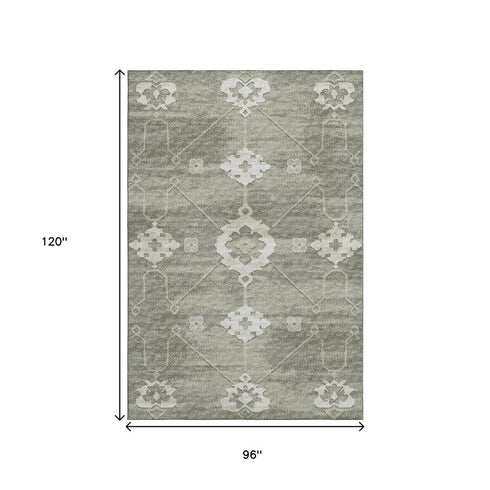 8' X 10' Olive Green And Ivory Floral Medallion Washable Area Rug With UV Protection