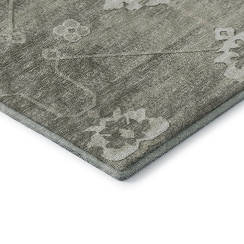 8' X 10' Olive Green And Ivory Floral Medallion Washable Area Rug With UV Protection