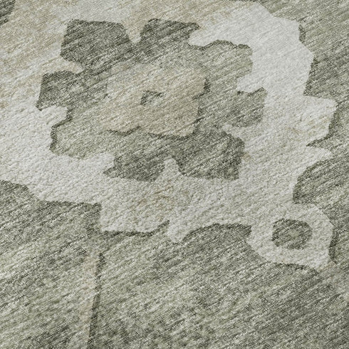 8' X 10' Olive Green And Ivory Floral Medallion Washable Area Rug With UV Protection