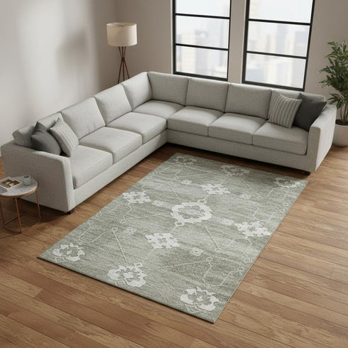 8' X 10' Olive Green And Ivory Floral Medallion Washable Area Rug With UV Protection