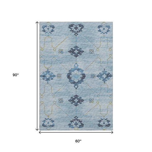 5' X 8' Blue And Olive Green Floral Medallion Washable Area Rug With UV Protection