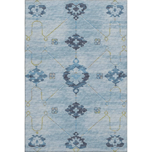 5' X 8' Blue And Olive Green Floral Medallion Washable Area Rug With UV Protection