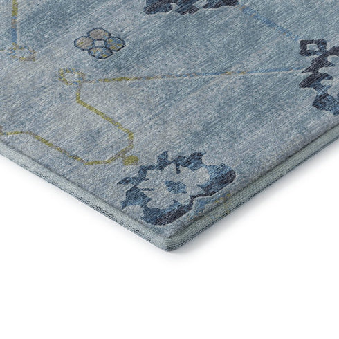 5' X 8' Blue And Olive Green Floral Medallion Washable Area Rug With UV Protection