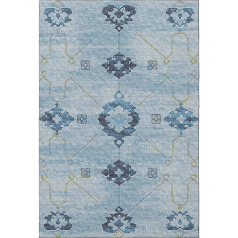 5' X 8' Blue And Olive Green Floral Medallion Washable Area Rug With UV Protection