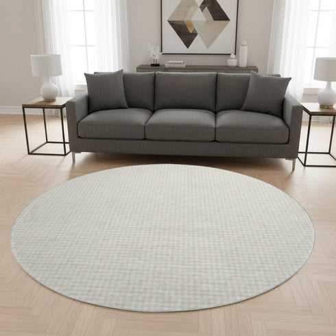 8' Linen And Ivory Houndstooth Washable Round Rug With UV Protection
