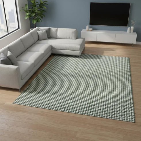 8' X 10' Green And White Houndstooth Washable Area Rug With UV Protection