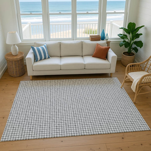 8' X 10' Gray And Ivory Houndstooth Washable Area Rug With UV Protection