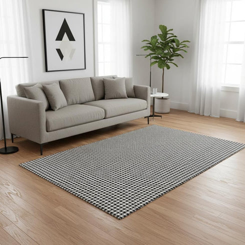 5' X 8' Black And White Houndstooth Washable Area Rug With UV Protection